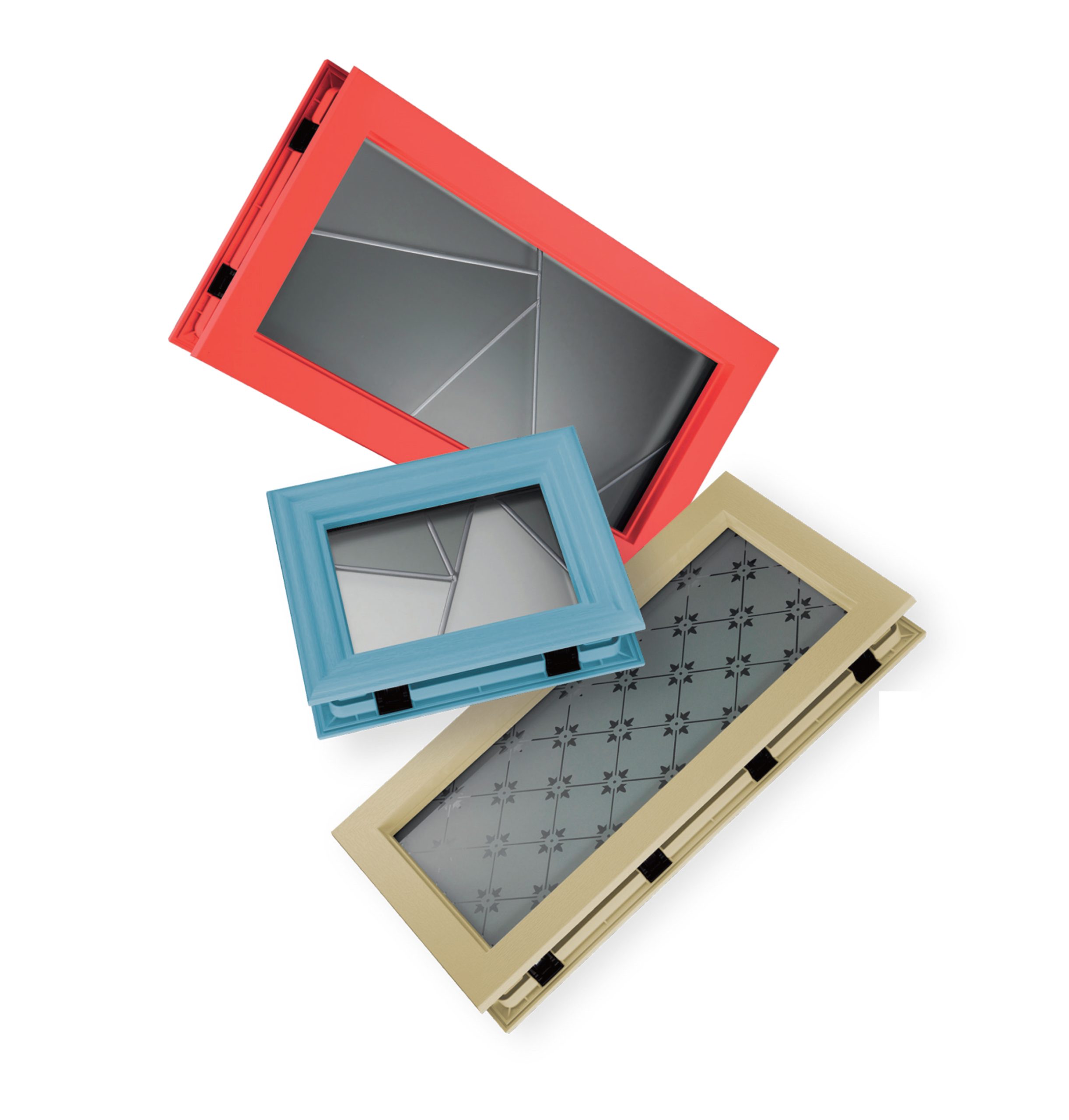 3 doorco doors with decorative glazing and different colour frames